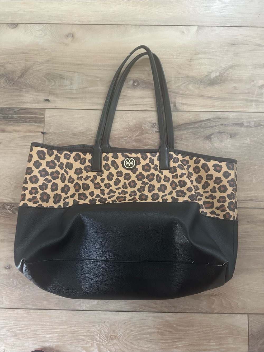 Tory Burch Leopard Print and Black Leather Tote with Gold Logo